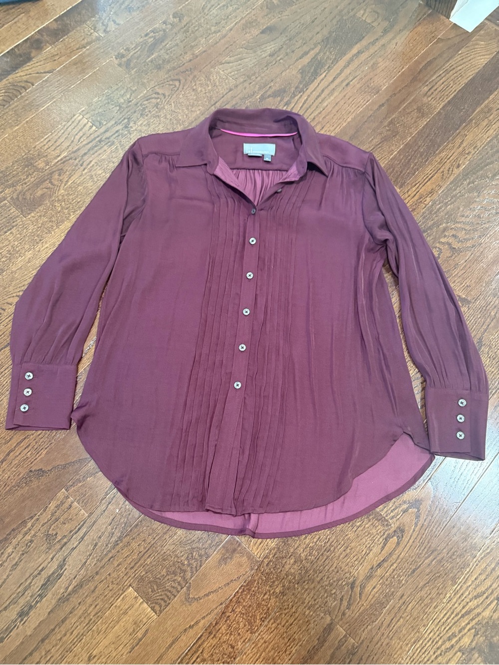 Anthropologie Women's Burgundy Pintuck Pleated Button-Up Blouse
